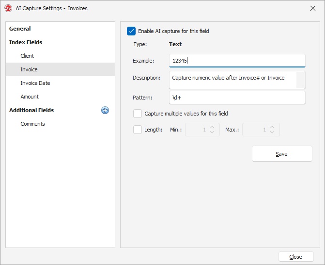 AI Capture Index Fields Settings