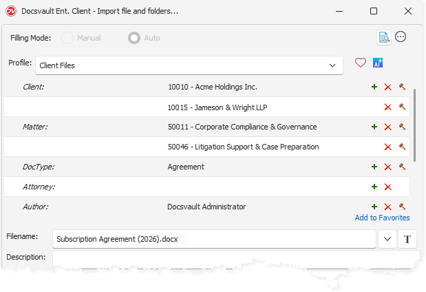 Import dialog showing two Client/Matter pairs selected for the same document