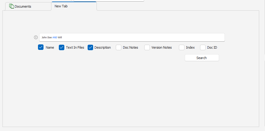New Tab showing the search options and search fields
