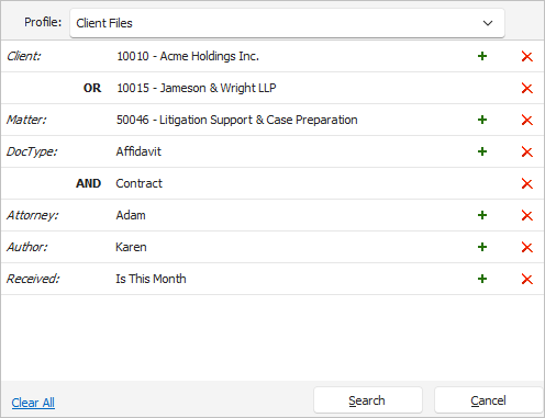 Profile Search showing AND and OR operators between index field values Profile Search showing AND and OR operators between index field values