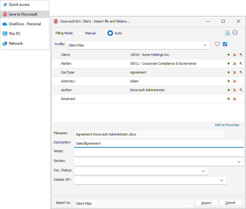 Windows Save As dialog showing Save to Docsvault in Windows File Explore