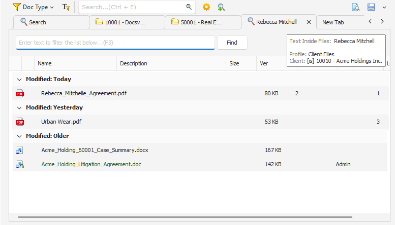 Search result listing with search criteria