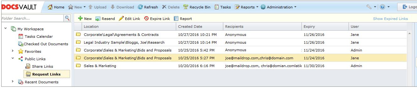 Document Request Links (Web Client Application)