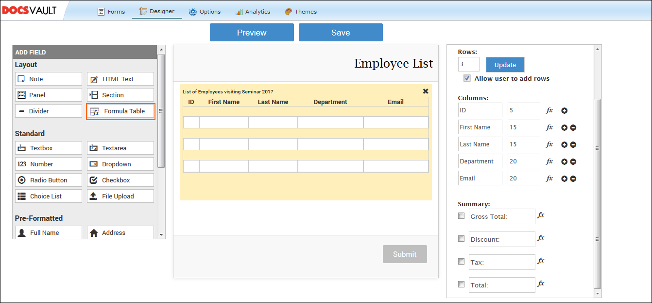 Form design to collect data in tabular format