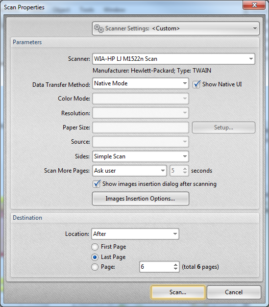 Insert image. Scan Properties