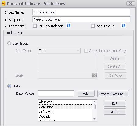 &nbsp; Create Index - Static List