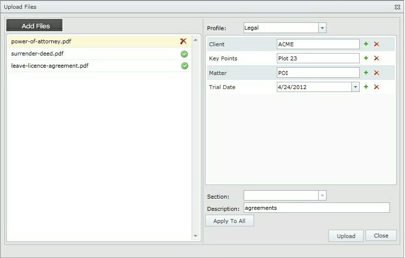 Uploading a file in Docsvault repository