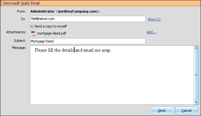 Sending email using Docsvault Quick Email