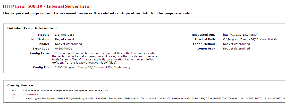 HTTP Error 500.19 error message
