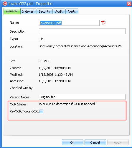 OCR Status of a document - Properties dialog box