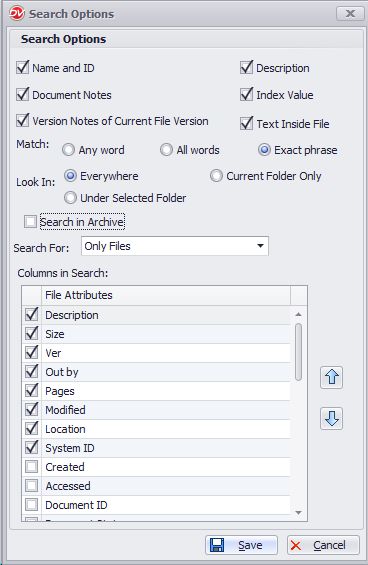 Search Options setup