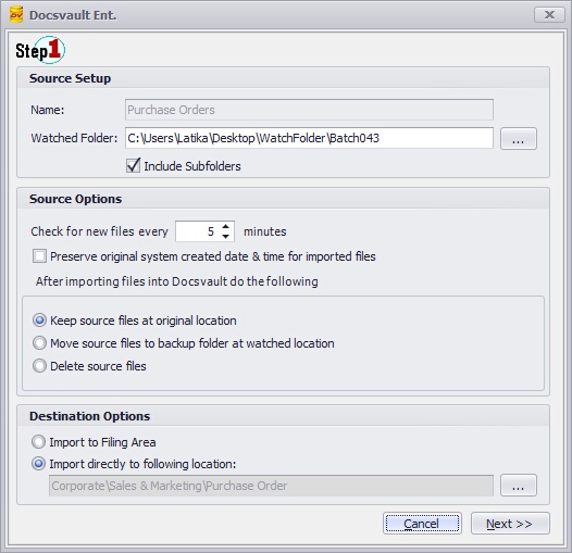 Watch Folder Wizard - Step 1