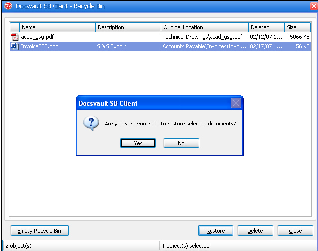 Restoring documents from Recycle Bin